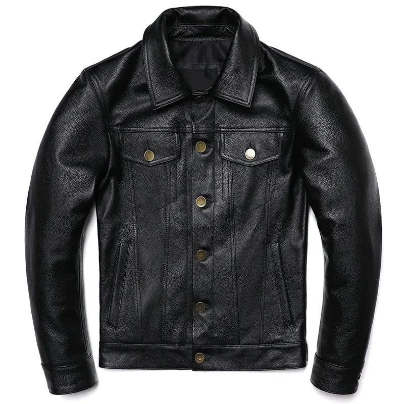 2025 New Cowboy Genuine Leather Jacket Men's Natural Cowhide Slim Short Coat Casual Style Single Breasted Fashion Clothes