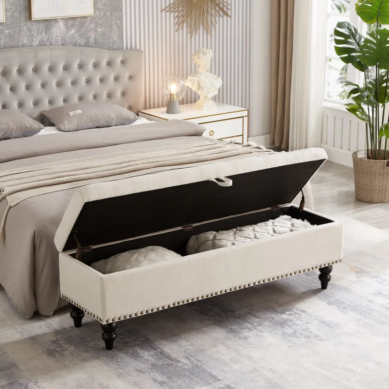 Banco de cama otomano com armazenamento tecido bege no quarto como banco final de cama design contemporâneo fácil montagem multifuncional
