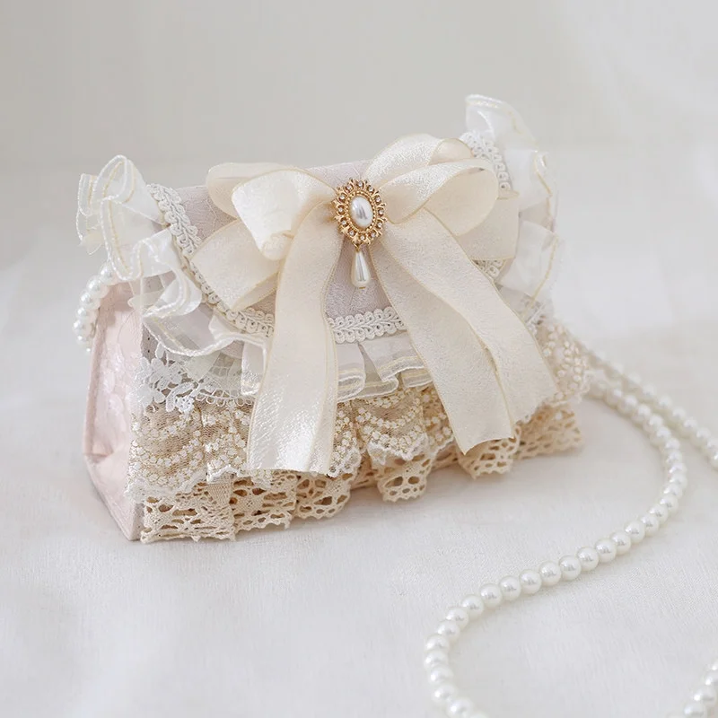 French Elegant Retro Court Girl Bag Sweet Lolita Exquisite Lace Bow Gentle Pearl Afternoon Tea Romantic Date Single Shoulder Bag
