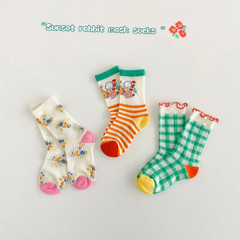 Spring Summer Socks Children Mesh Socks Kids Girls Calf Length Polka Dots Socks 3 Pairs/bag image 6