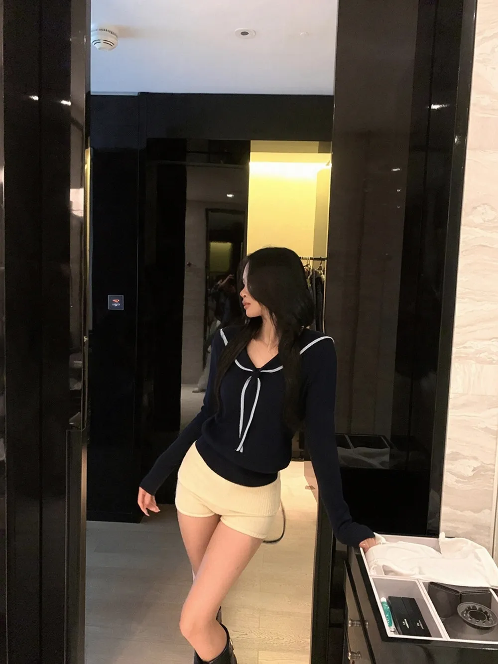College Style Navy Collar Knitted Top Women Long Sleeve Slim Fit Black Girl Base Shirt Spring Autumn Seasonal Fashion T-shirt