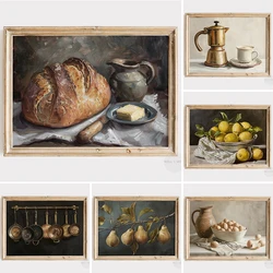 Country Kitchen Print Poster Pear Figs Croissant Vintage Still Life Rustic Farmhouse Antique Kitchen Canvas printing wall decor