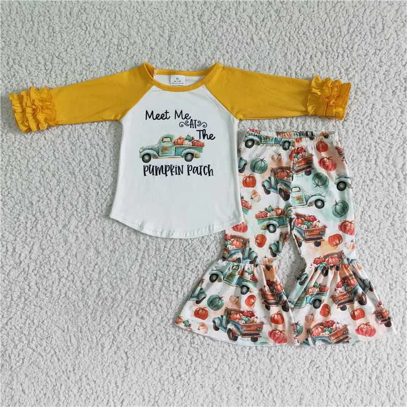 

New Spring Fall Fashion Baby Girls Yellow Pumpkin Car Halloween Long Sleeve Set Boutique Wholesale Kids Children Clothing