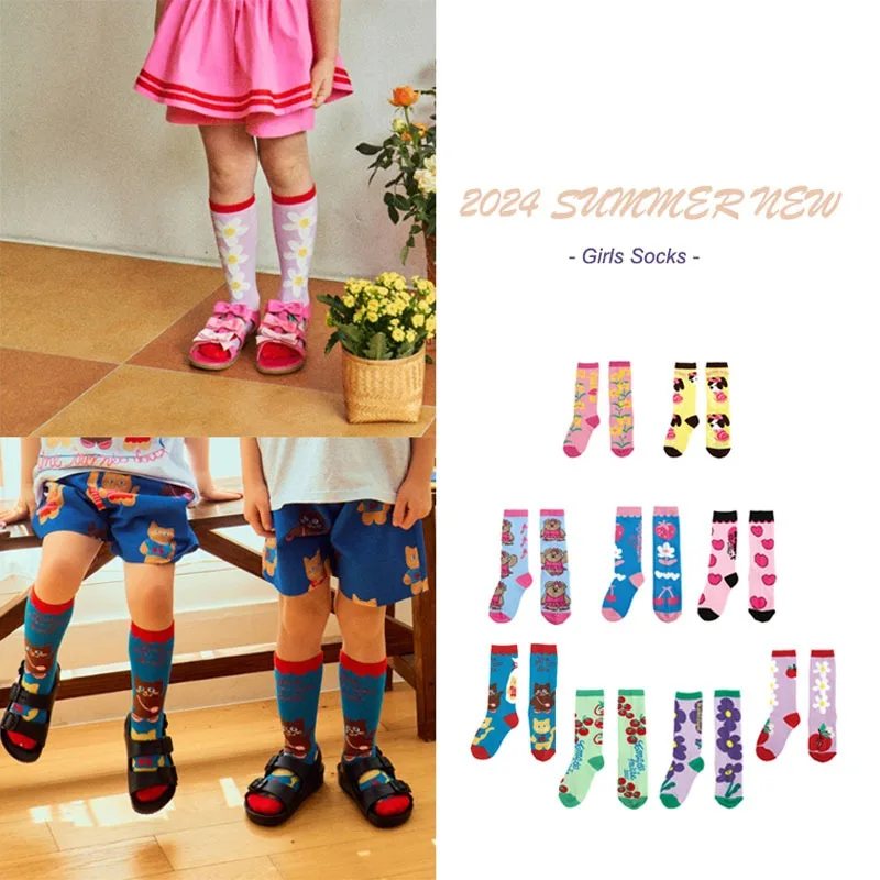 Kids Socks 2024 New Korea Brand Children\'s Socks Korean Cotton Floral Medium Tube Socks Boys Girls Kawaii 1-9 Year Summer