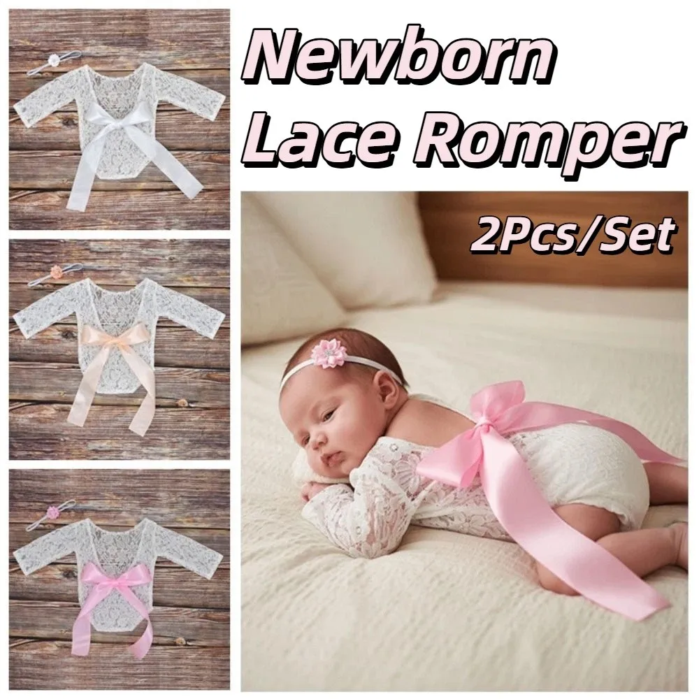 

2Pcs/Set Creative Infants Photo Clothing Hollow Back Floral Newborn Lace Romper Solid Color Bow Tie Design