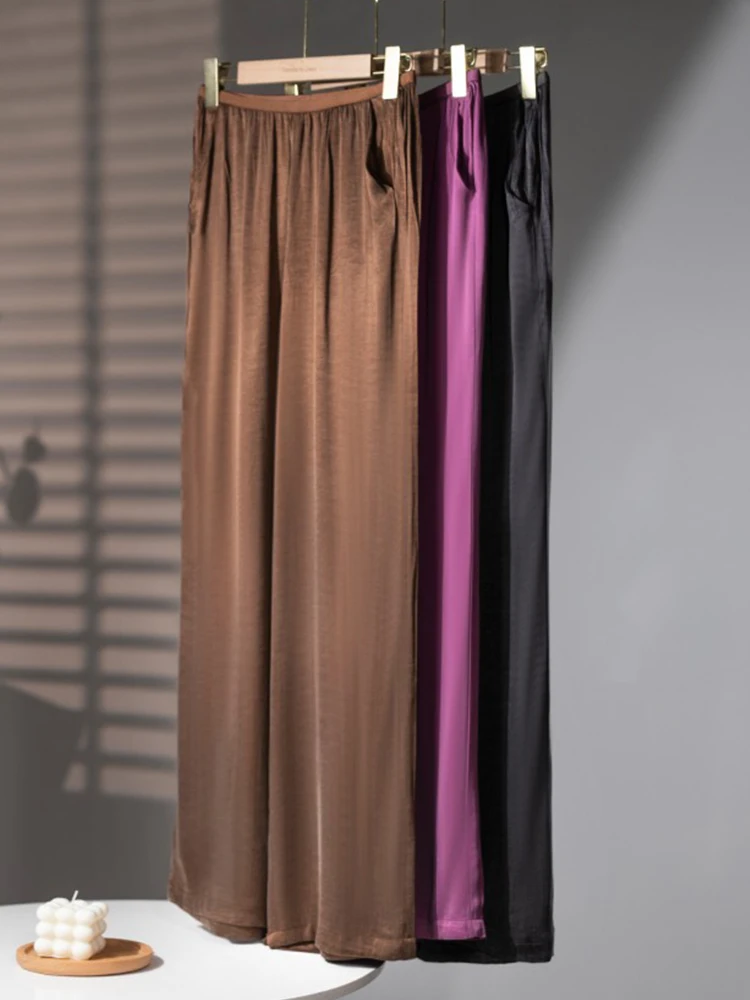 

Trendy Copper Ammonia Silk Wide Leg Pants Women Summer Thin Casual Ice Silk Straight Leg Pants High Waist Loose Fit Long Pants