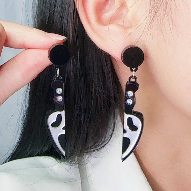 American Style Frosted Silver Color Split Body Dagger Ghost Face Earrings UNISEX Punk Party Jewelry Hip Hop Rock Earrings Gifts
