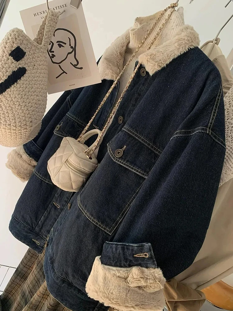Vintage Plush Denim Jacket for Women Y2K Winter Thick Loose Lapel Warm Jeans Coats Streetwear Single Breasted All Match Outwear