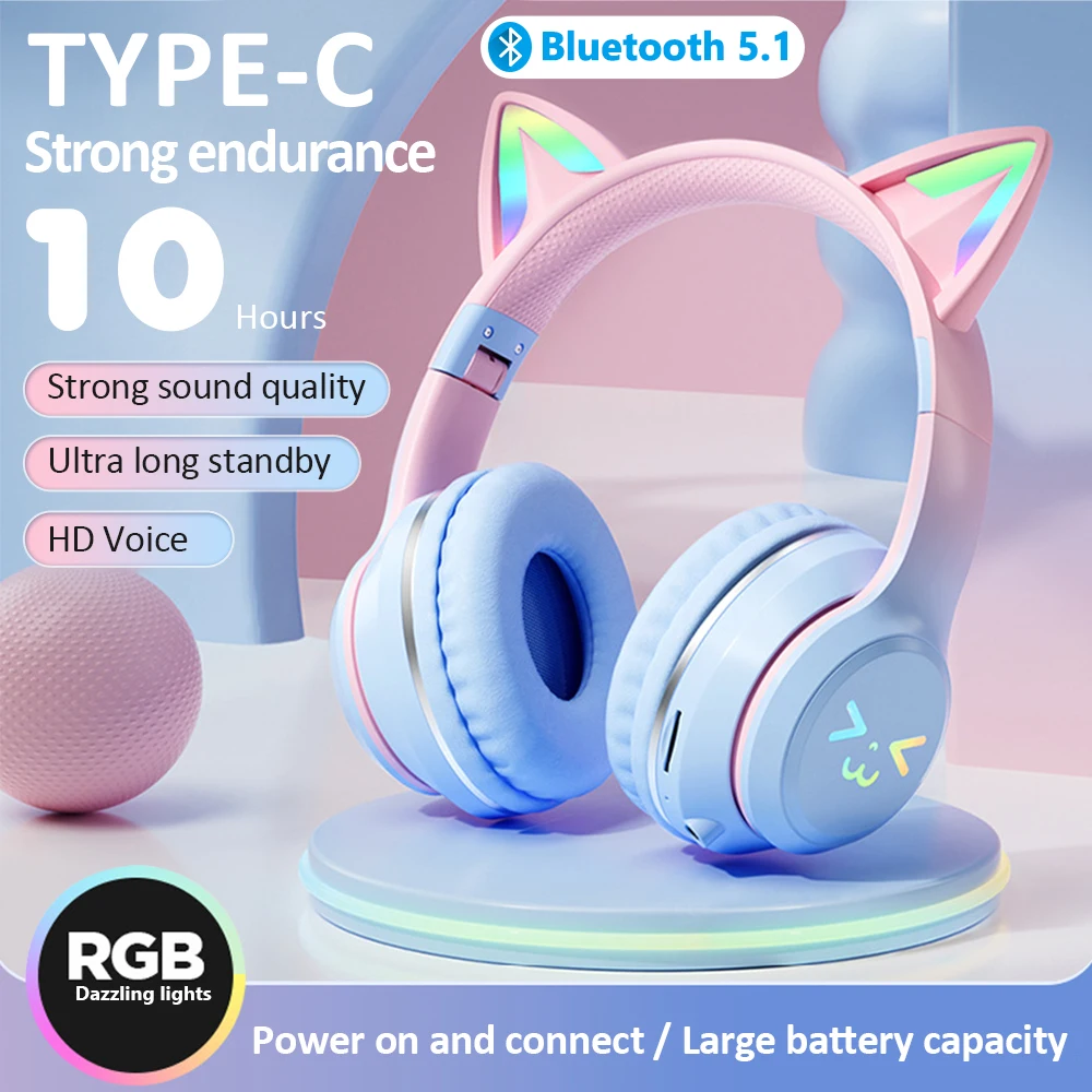 

New RGB Light Cat Ear Wireless Headphones with Microphone Support TF Card Wireless Bluetooth Headset HiFi Music Girls Kids Gifts