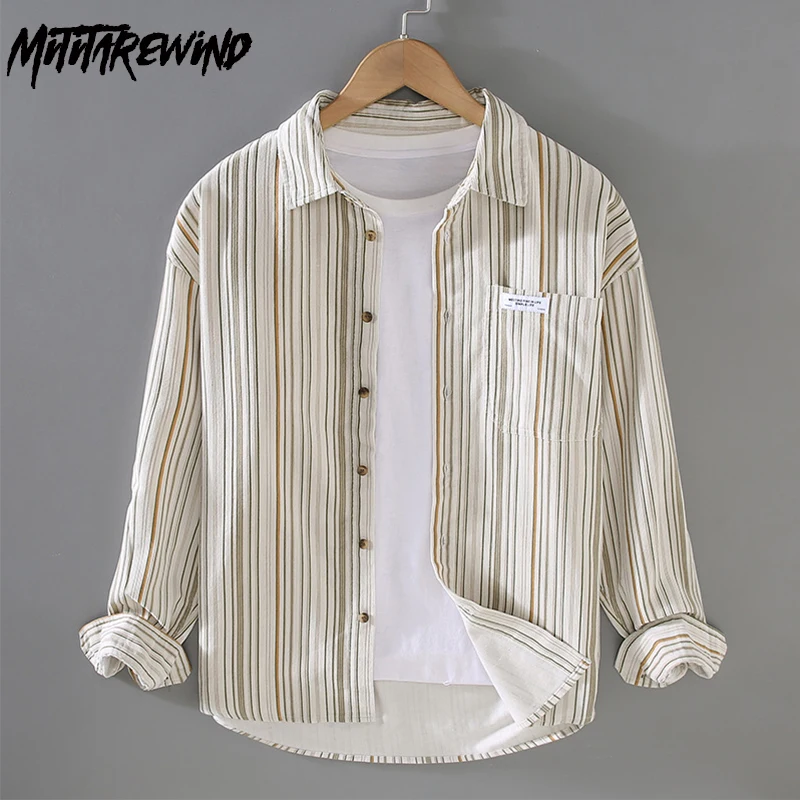 

Harajuku Shirt Spring Autumn Daily Casual Cotton Long Sleeve Shirt Men Corduroy Striped Shirt Loose Tops Fashion Camisa Hombre