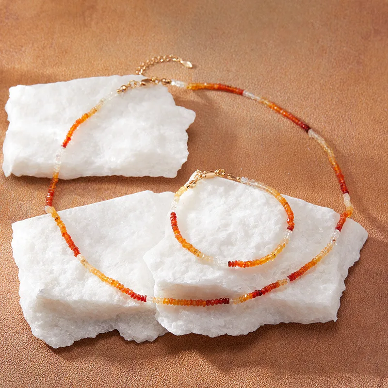

Hot-Selling Collarbone Chain Natural Gemstone Fire Opal Colorful Gemstone Beaded Necklace Women's Sets925Sterling Silver