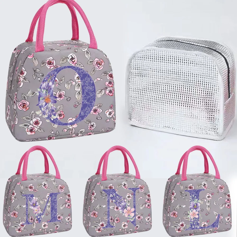 حقيبة غداء معزولة سميكة متعددة الوظائف حقائب صندوق الغداء المدرسية سلسلة الزهور الأرجوانية مكتب سعة كبيرة بينتو الحقيبة