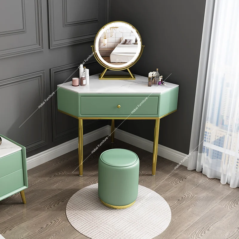 

Modern Corner Makeup Vanity Table with LED Lighted Mirror 2 Drawers Wood Stool Storage Cabinet Bedroom Furniture Sets