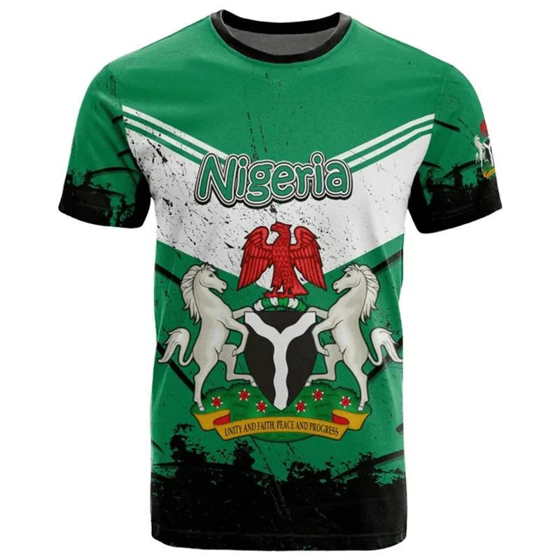 Africa Nigeria Flag Graphic T-shirt Men Clothing 3D Printed National Emblem Horse Eagle T Shirt Tops Summer Short Sleeves Tees