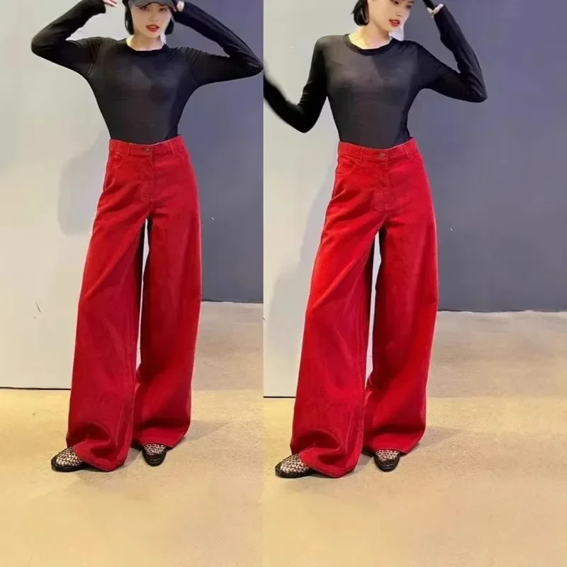 Early Autumn Retro Corduroy Wide Leg Pants Women's High Waist Casual Straight Pants