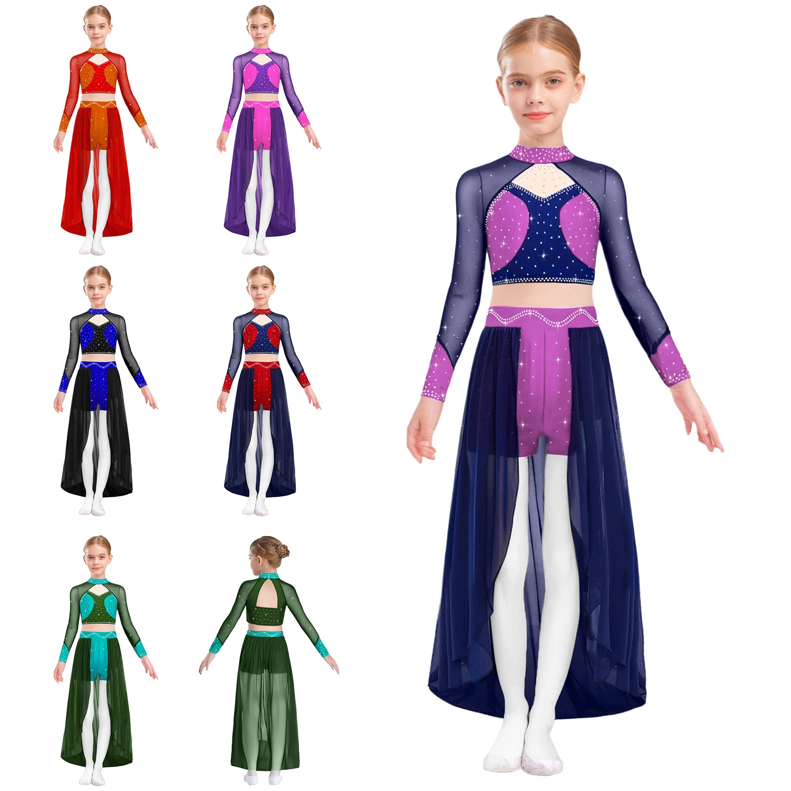 Set di danza classica per bambine, costume di danza lirica moderna contemporanea, manica lunga, ritaglio sul retro, strass, top corto con gonna