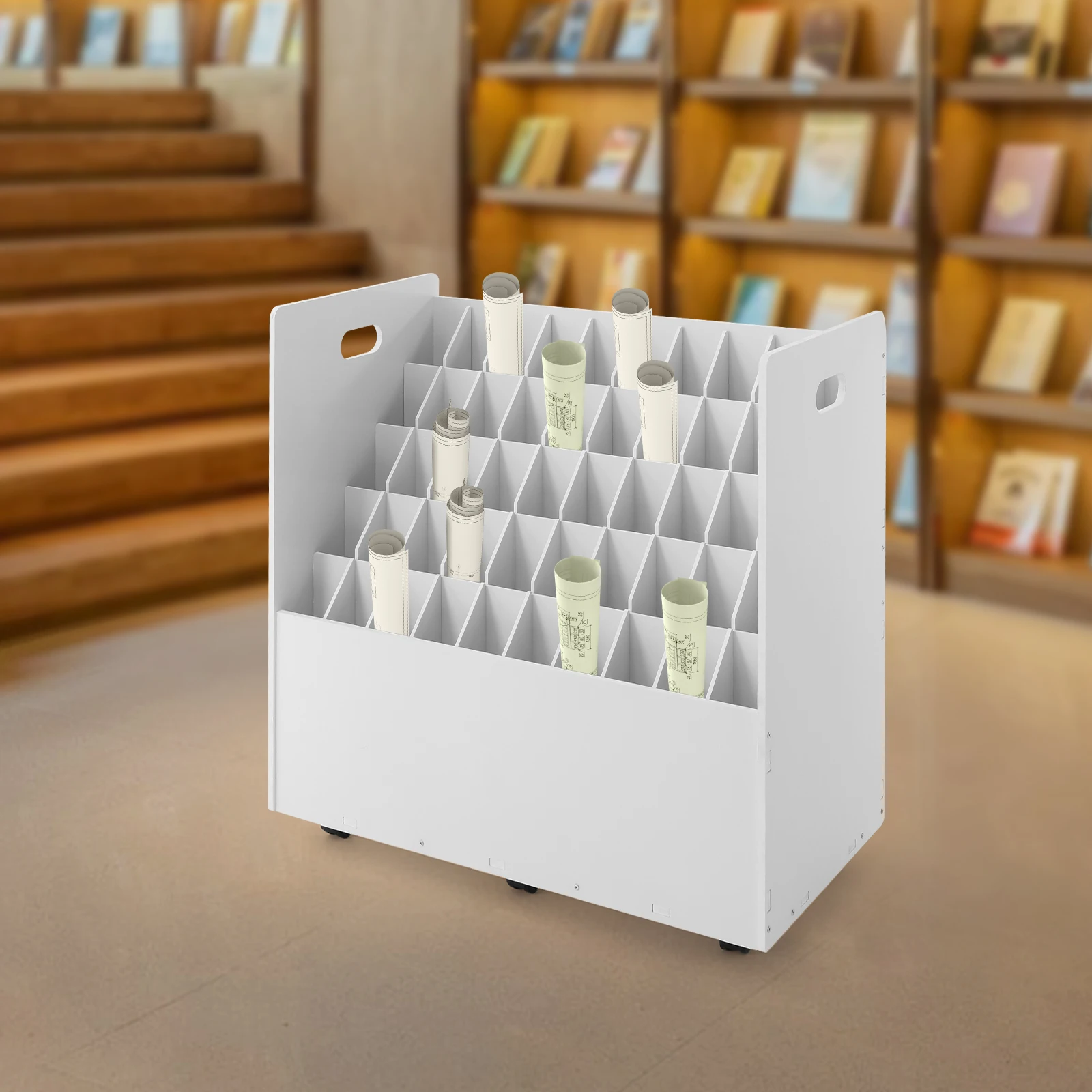 Organizzatore per progetti a 50 slot con ruote, carrello portadocumenti portatile per cartelle, organizer per file da ufficio bianco, schedario con ruote