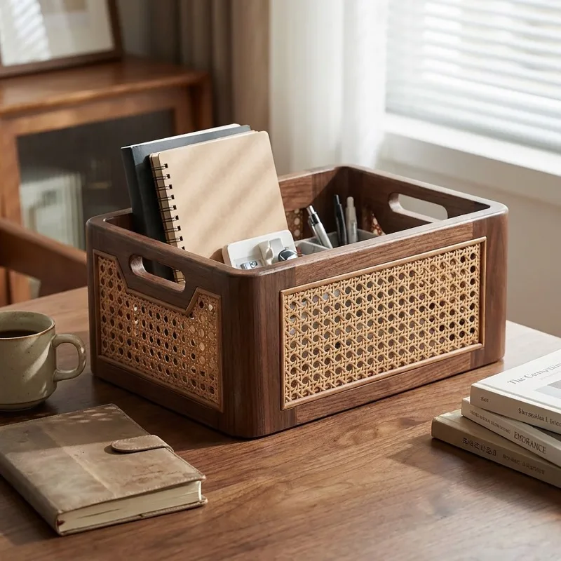 Desktop storage box, study solid wood rattan, household multi-function, placing basket