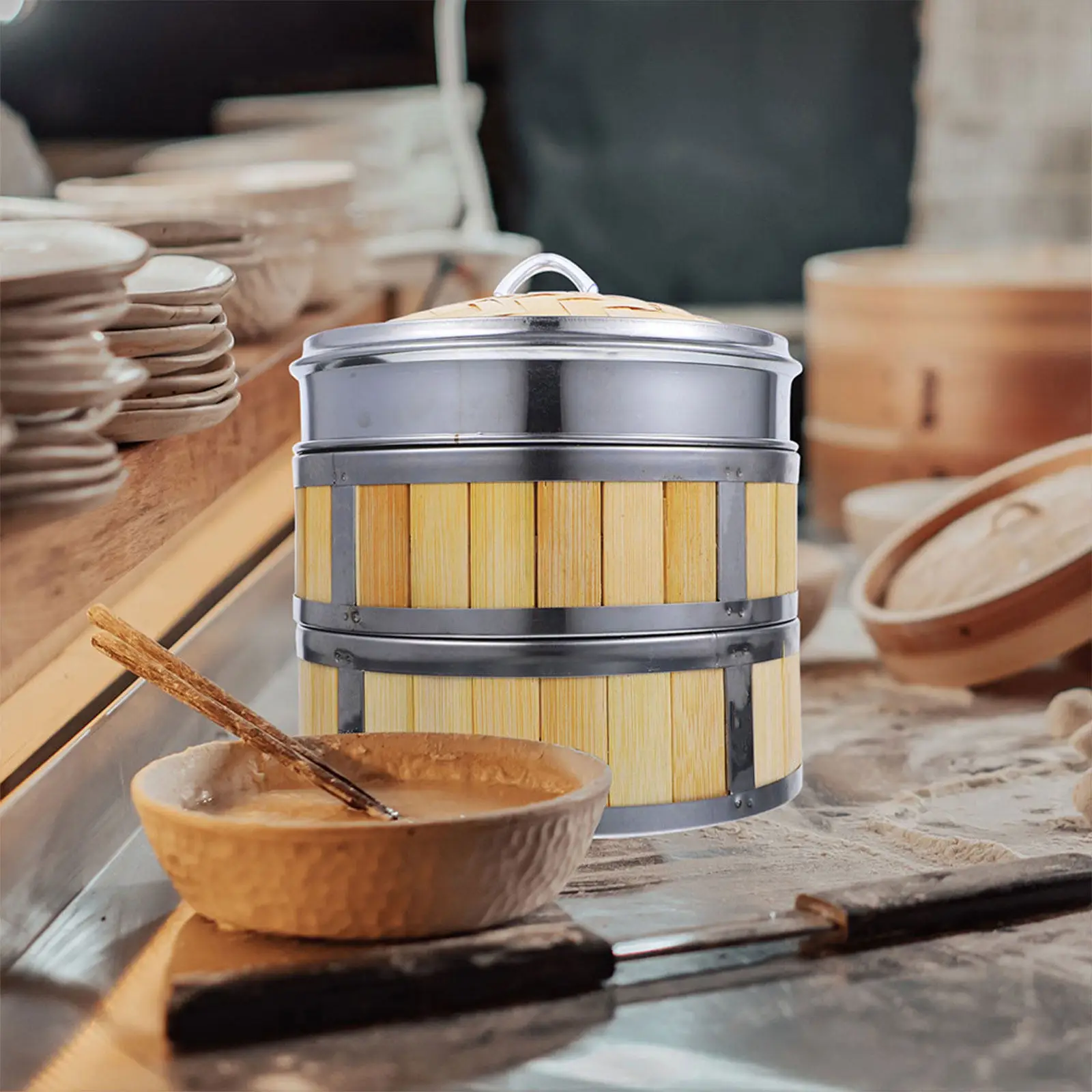 1Set Bamboo Steamer Basket with Stainless Steel Frame Food Steamer for Steam Cooking Dumplings Buns Seafood Vegetables