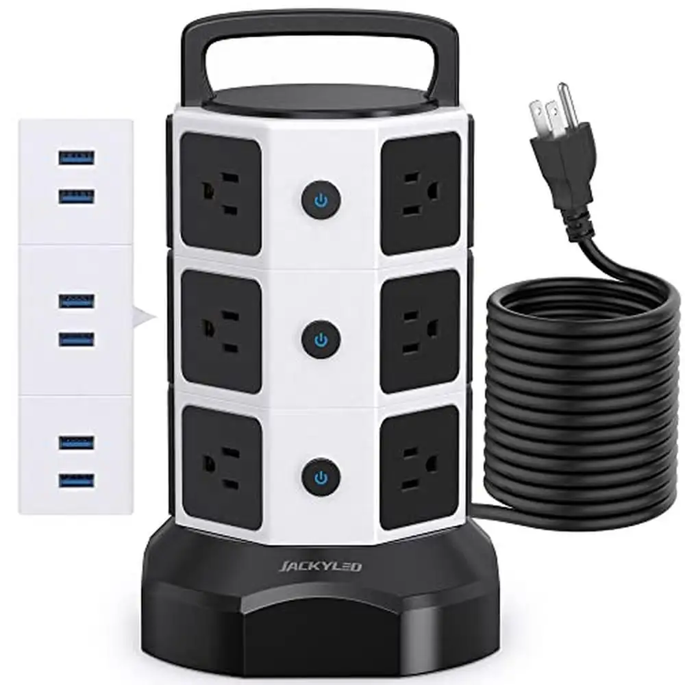 Power Strip Tower Surge Protector Electric Charging Station 12 Outlets 6 USB Ports 10ft Extension Cord 13A Heavy Duty Compact