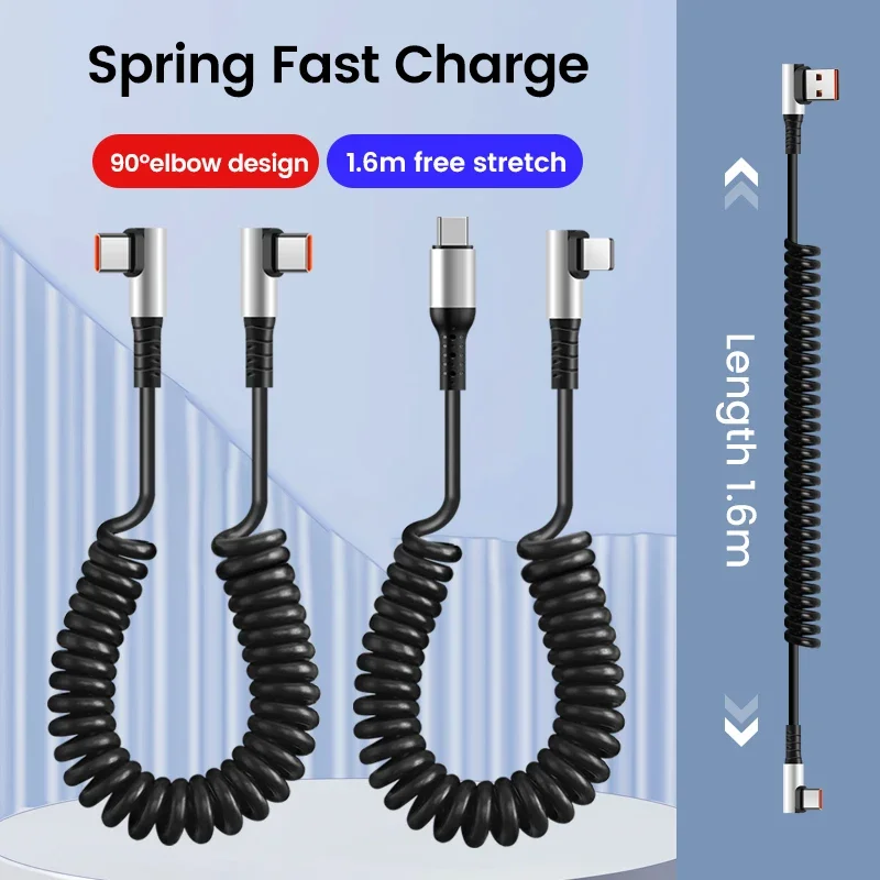 90 Elbow Spring Retractable 0.35-1.6M 6A Fast Charging USB C Cable USB-C to USB-C PD 3.0 for iPhone 15 Pro/Android/Samsung