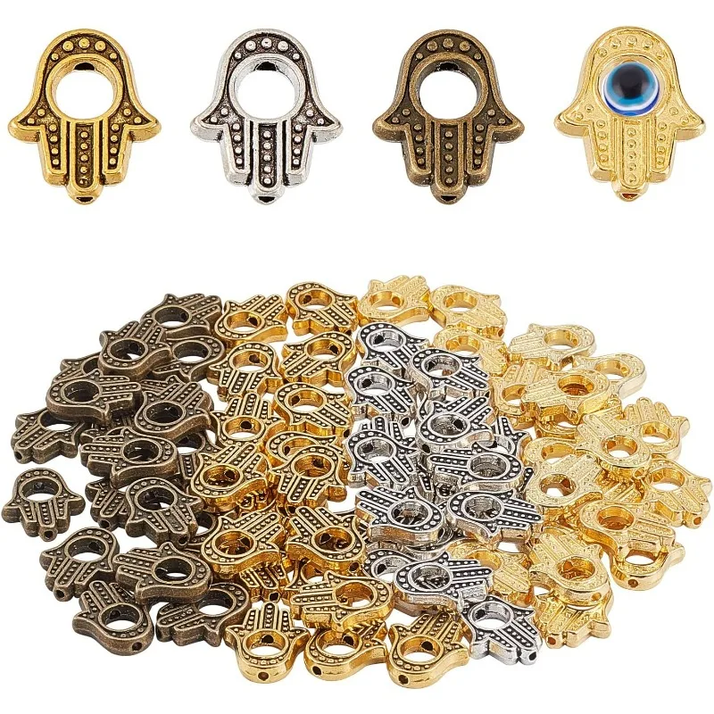 

80Pcs 4 Colors Hamsa Hand Bead Alloy Hand of Fatima Miriam Frame Hollow Beads Loose Spacer Charms Chakra Tibetan Style