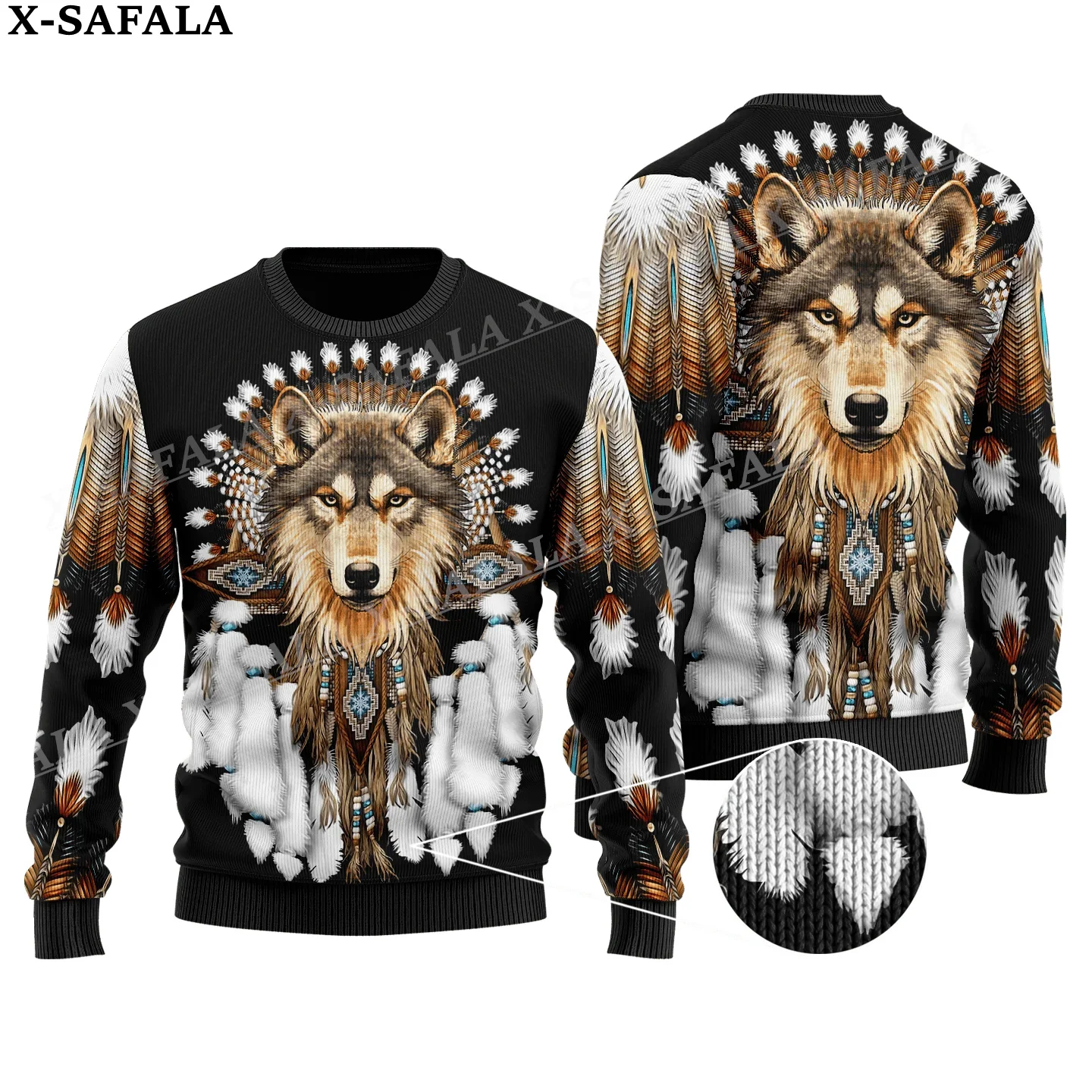 Feather Native Wolf Pattern Ugly Christmas Knit Sweaters Funny Gift Jumpers Tops Couple Holiday Party Unisex Casual-2