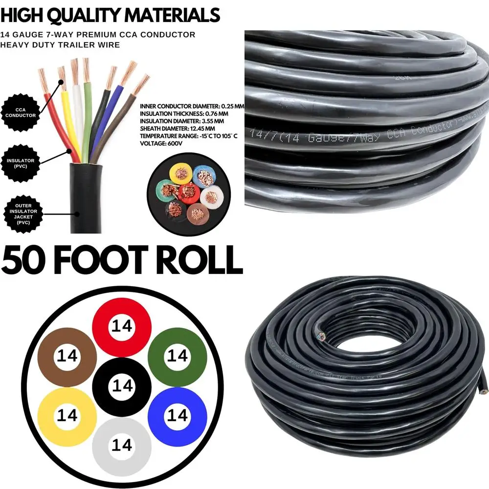 Kabel Trailer RV Kawat Konduktor CCA 7 Jalur 14 Gauge Heavy Duty, Konduktor Aluminium Berlapis Tembaga Terisolasi, Warna C