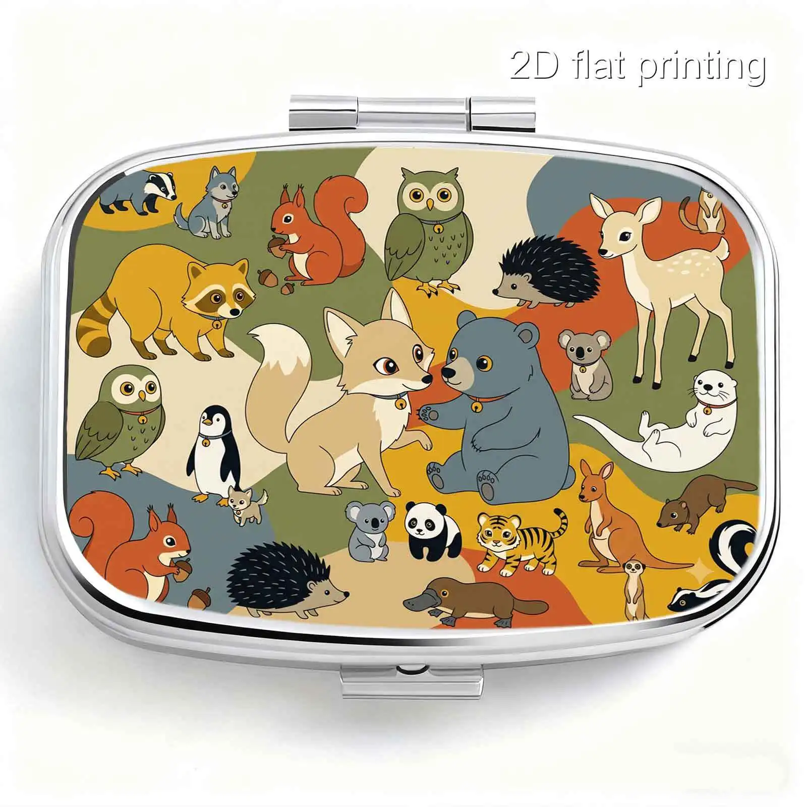 Single-Pack, Flat-Printed, Portable Mini Double-Compartment Pill Box, Cartoon Forest Animal Collection Print, Travel Medicine Storage Box, Sealed and Moisture-Proof, Capsule Vitamin Organizer, Portable Small Pill Box