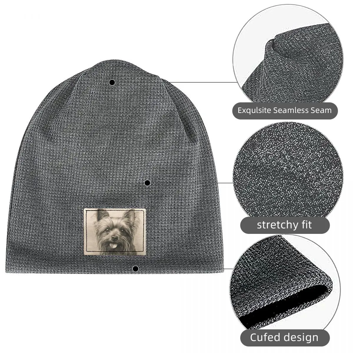 The Adorable Yorkshire Terrier Dog Waffle Knit Fleece Lined Beanie with PU Leather Patch Unisex Warm Winter Soft Cap
