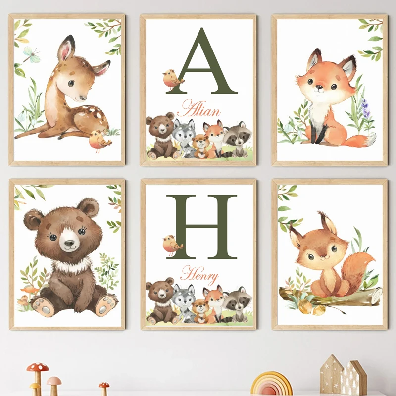 Woodland Nursery Prints Forest Animal Deer Rabbit Bear Fox Custom Wall Art Canvas Painting Poster Wall Pictures Kids Room Decor