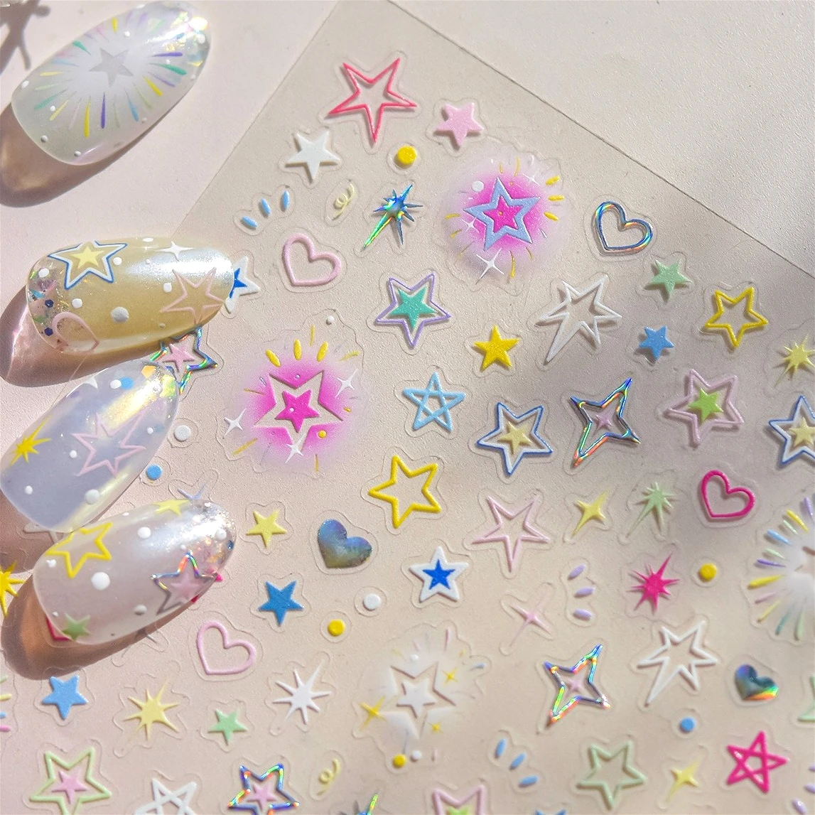 

Colorful Starry Light Starburst Love Heart Halo Dyeing Soft Reliefs Self Adhesive Nail Art Decoration Stickers Manicure Decals
