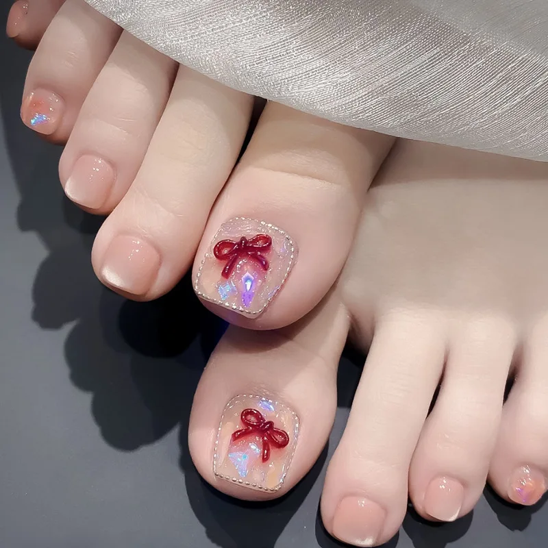 24개 레드 보우 프레스온 발톱 착용 가능한 짧은 스퀘어 인조 손톱 솔리드 컬러 블루 풀커버 네일 팁 가짜 손톱