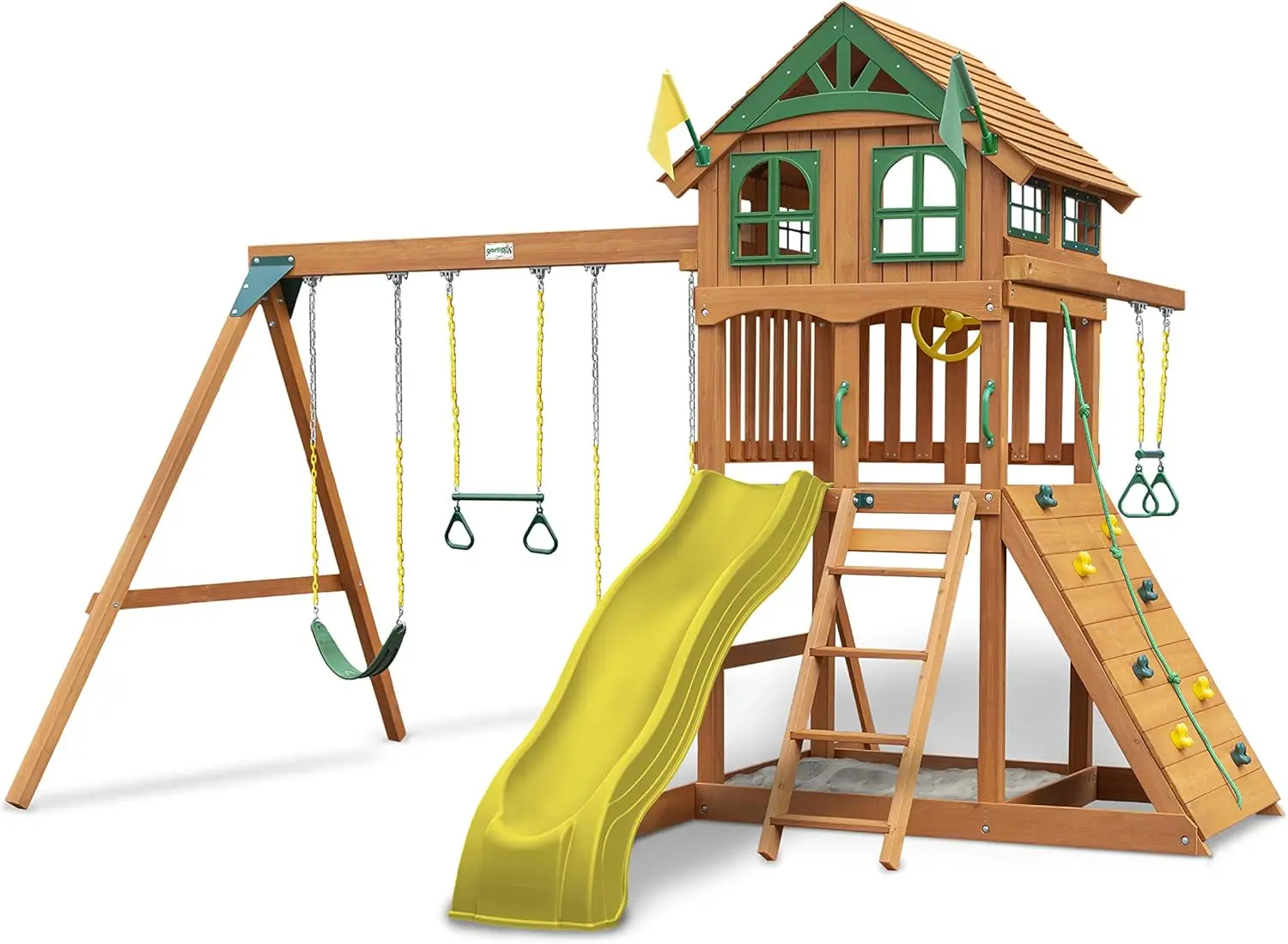 Outing Wood Swing Set with Wood Roof and Trapeze Arm - Yellow Slide