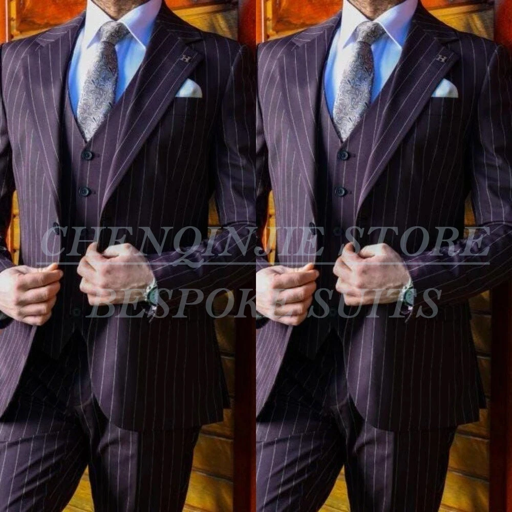 Luxury Stripe ชายชุดอย่างเป็นทางการ Single Breasted Notch Lapel Slim Fit 3 ชิ้นเสื้อกางเกงเสื้อกั๊กคุณภาพสูง Slim Fit ชุดแต่งงาน