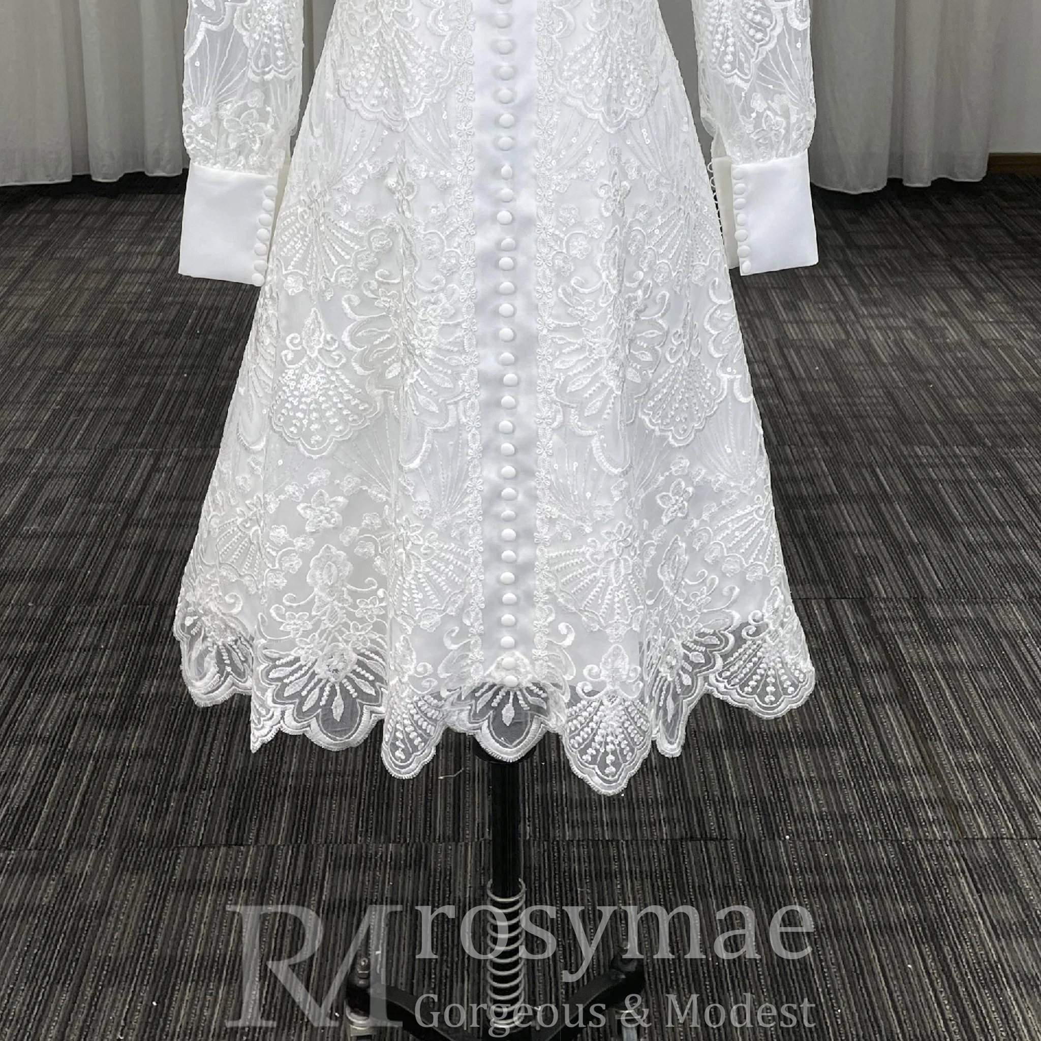 Rosymae Abiti da sposa eleganti in pizzo Abito a trapezio a maniche lunghe al ginocchio per le spose abito da sposa