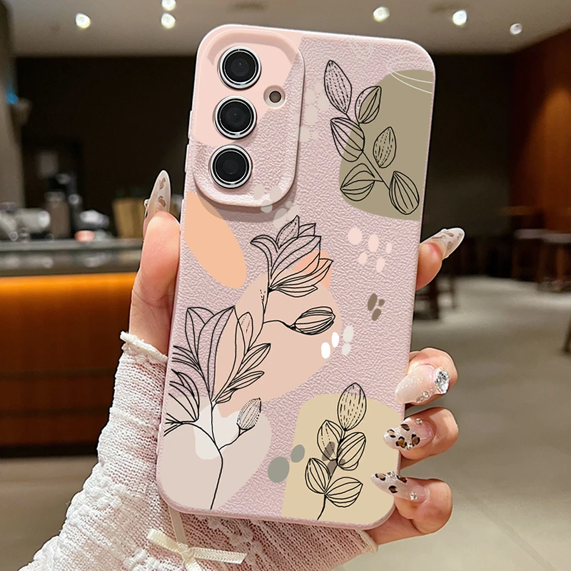 Line Flower Case For Samsung Galaxy A55 A35 A25 A15 S24 S23 S22 Ultra S21 S20 FE A16 A52 A53 A14 A34 A54 5G Capa Leather Texture