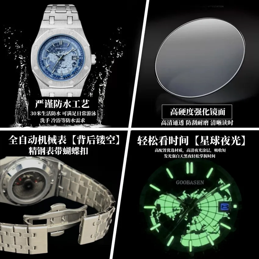 GOOBASEN montres pour hommes en acier fin planète bleue montre-bracelet à Quartz originale pour homme Imitation mouvement mécanique étanche Date
