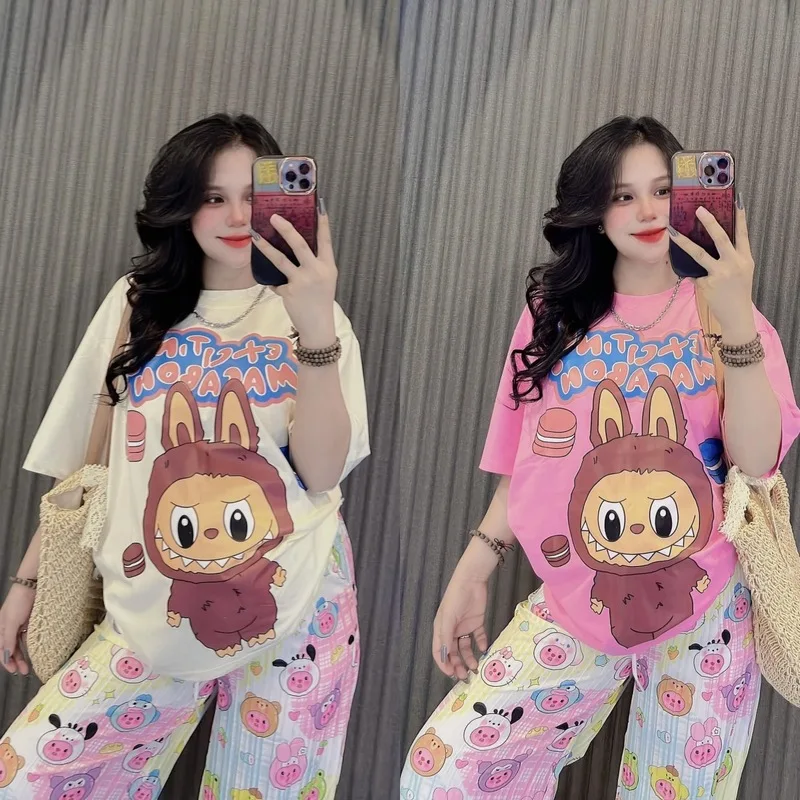 Kawaii Labubu Print Pajamas Anime Cartoon Short Sleeved Shirt Casual Fashion 2pcs Set Cute Woman Outdoor Clothing Girl Gift