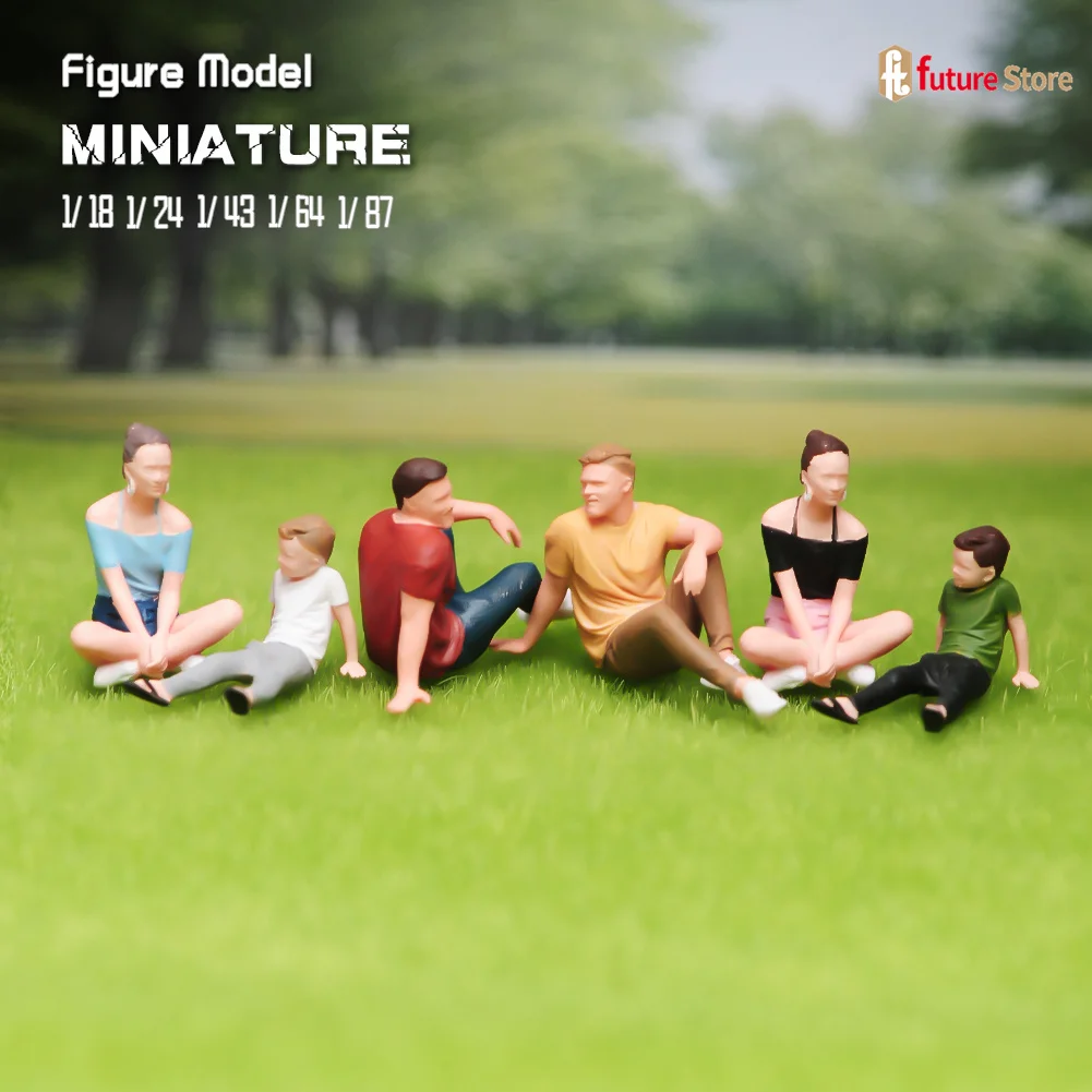 Figura em miniatura 1/87 1/64 1/43 1/24 1/18 uma família de três passeios sentar na grama diorama mini boneca cena adereços modelo decoração artesanato