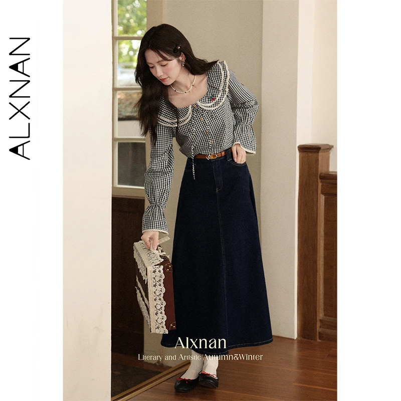 

ALXNAN Women's Shirt 2025 Autumn Black White Plaid Doll Collar Blouse100% Cotton Vintage Lace-trimmed Long Sleeve Top L56770