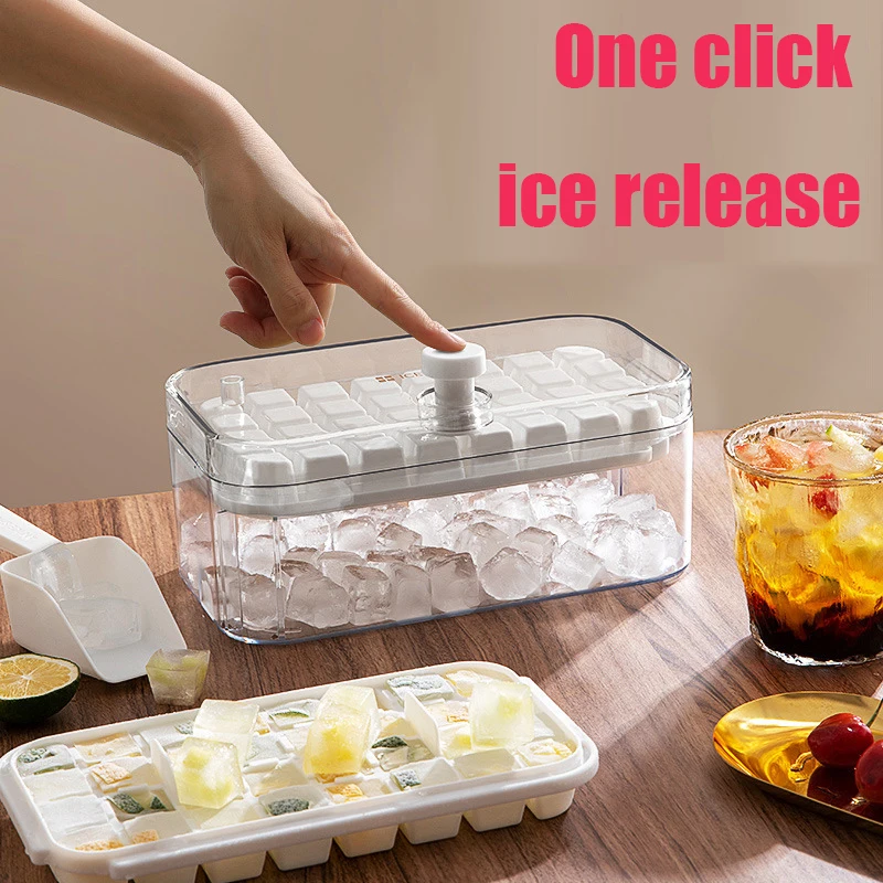 

Creative One-Button Press-Type Ice Box with an Ice Spoon, Easy Release, Household Food-grade Storage Mold, New