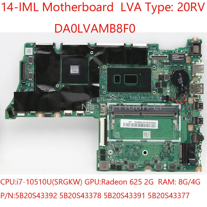 

DA0LVAMB8F0 14-IML Motherboard LAV 5B20S43392 5B20S43378 5B20S43391 5B20S43377 For ThinkBook 14-IML 20RV i7-10510U 625 2G 8G/4G