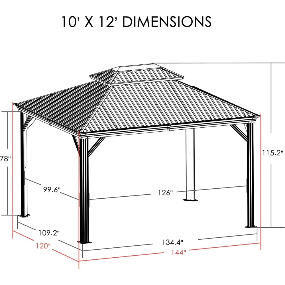 Gazébo à toit rigide, cadre en aluminium revêtu de bois, modification canale avec double toit en acier galvanisé, pavillon métallique extérieur, 10 pi x 12 pi