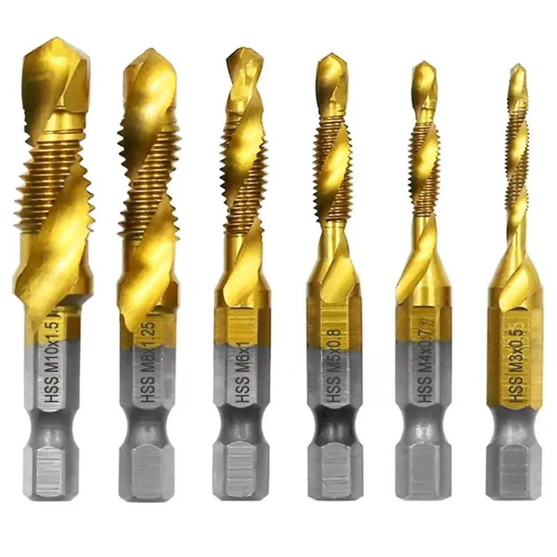 

A96I-6Pc High Speed Steel M3-M10 Titanium Plated Composite Tap Hexagonal Drill And Tap Integrated Tap Machine