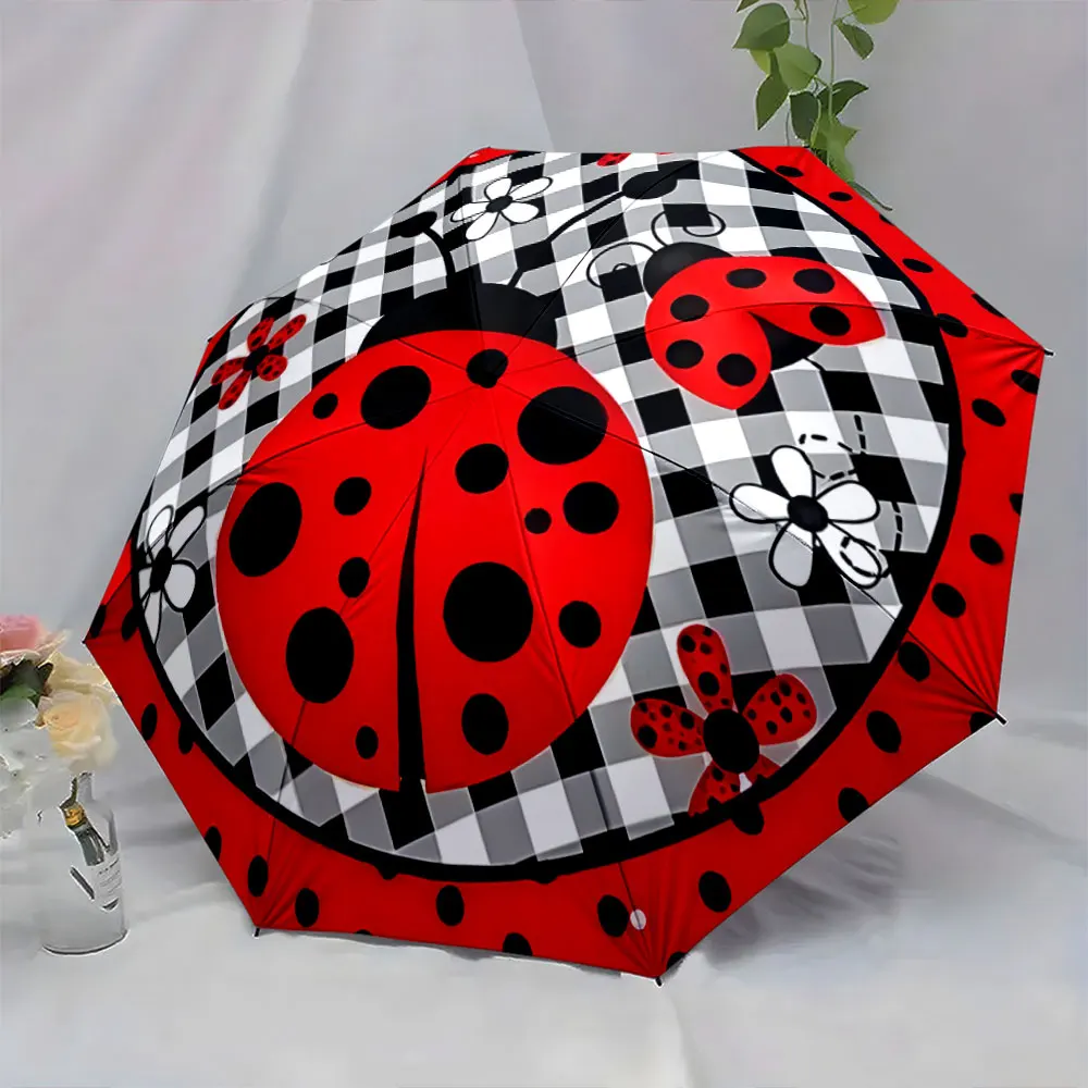 1PC Ladybug Patterned Umbrella with Gingham and Flower Design Print 8 Iron Ribs Folding Umbrella Auto-Open Fashion Sunshade