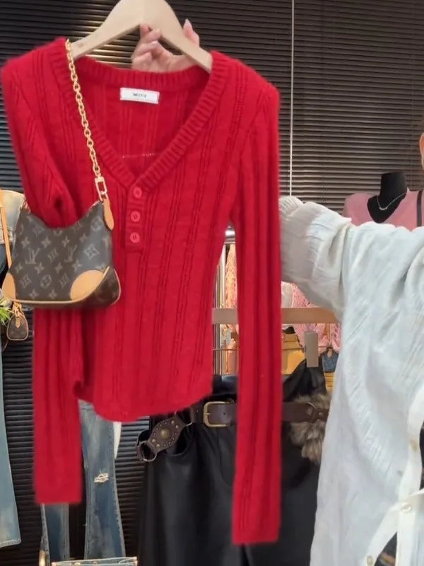 

Cisas Aosphere Red V-ne Button Long Sve вязаный свитер женский осенне-зимний утягивающий базовый слой топ irt