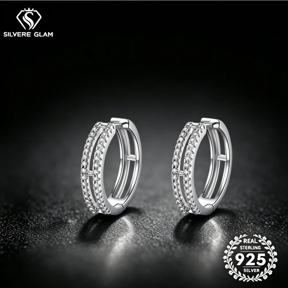 925 Sterling Silver Double Row D VVS1 Moissanite Huggie Hoop Earrings Two Layer Paved Minimalist Women Daily Fine Jewelry