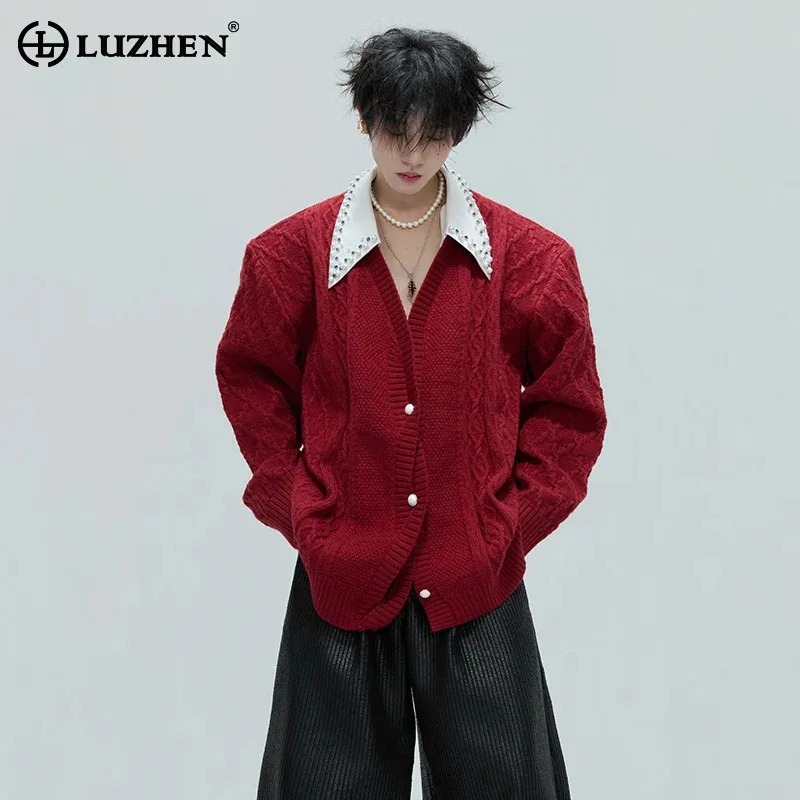 

LUZHEN 2025 New Fake Two Piece Design Splicing Rivet Metal Decorate Leather Neck Knitted Cardigan Men's Fashion Sweater JY4799