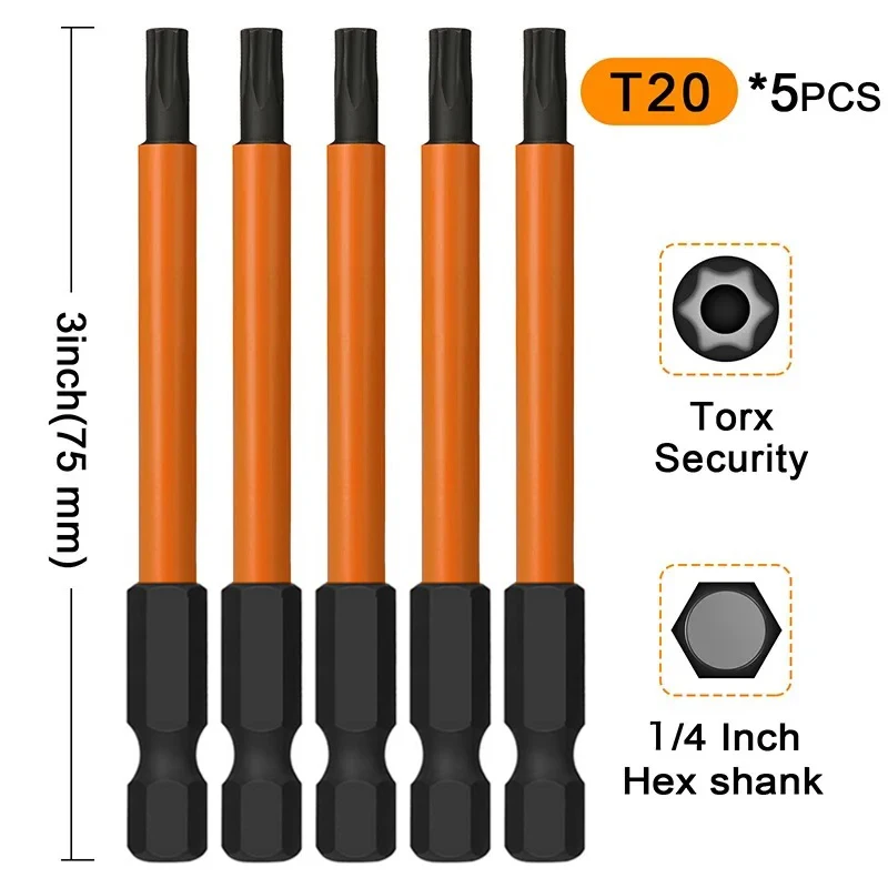 

5Pcs T20 T25 Torx Screwdriver Bits 1/4 Inch 75mm Long Hex Shank Magentic Torx Bit Set S2 Steel Torx Head Drill Bits
